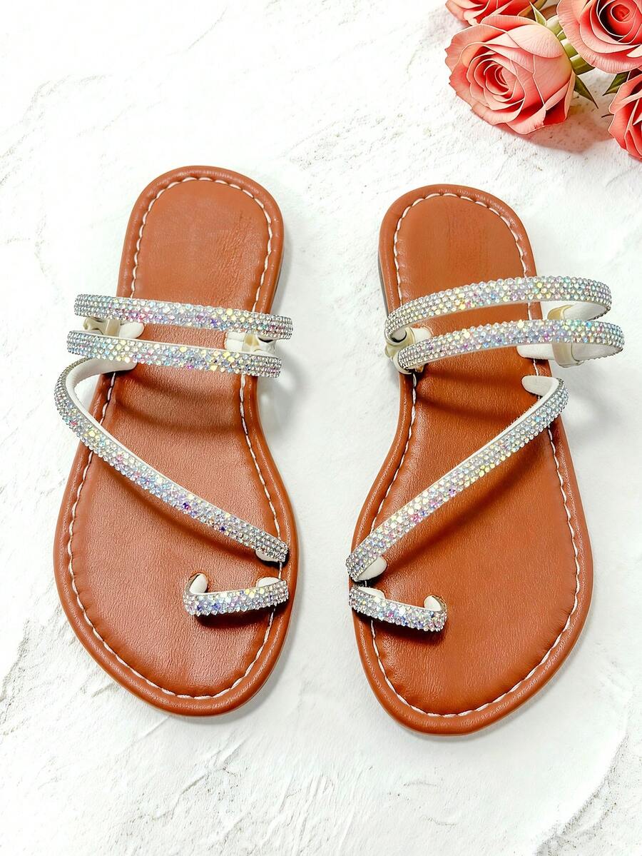 1 đôi dép xăng đan đế bằng chống trượt cho bé gái, thiết kế quai mảnh đính đá, thích hợp cho các hoạt động mùa hè, đám cưới, tiệc biển và mặc thường ngày. - màu nâu - Xem 1