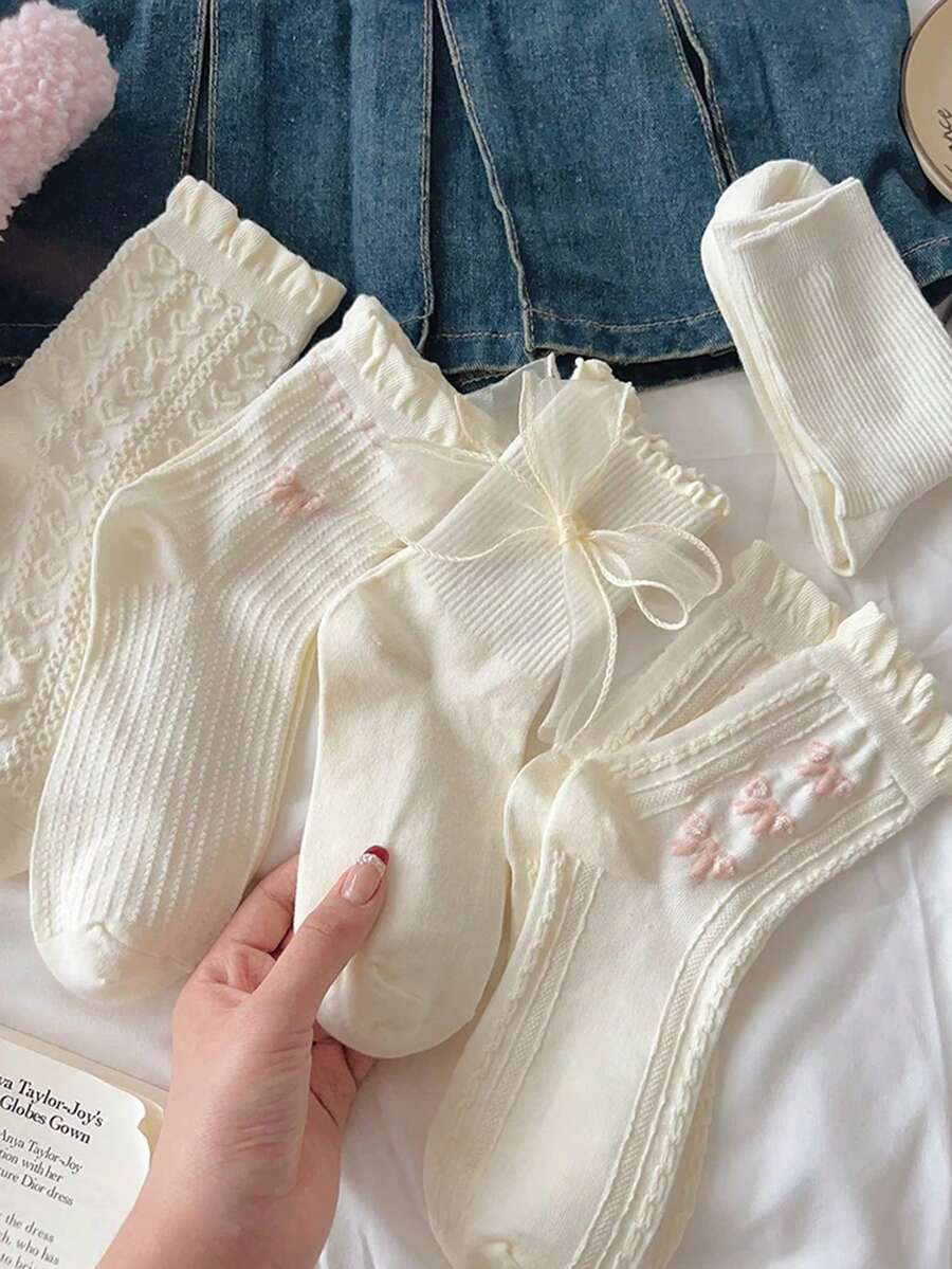 6 đôi tất ren dài đến bắp chân kiểu Lolita tối giản dễ thương có nơ. - Màu be - Xem 1