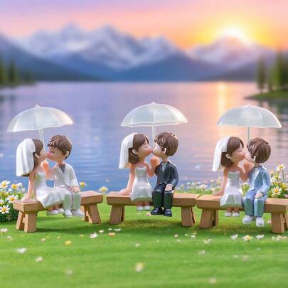 Creative PVC Umbrella Couple Ornament, Wedding Decoration Props, Couple Desktop Decoration, Miniature Landscape DIY Decoration, Wedding Cake Ornament