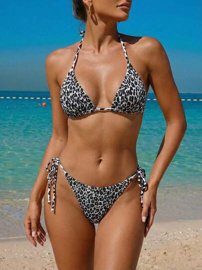 New Hot Spring Split Swimsuit Women's Fashion Leopard Point Pleated Bikini Hot Selling Wild Beach Neck Hanging Sexy Two-Piece Set Hot Spring Party Hot Selling Swimsuits,Sexy Bandeau Tie-Up Women's Bikini Swimwear, European And American Style Summer