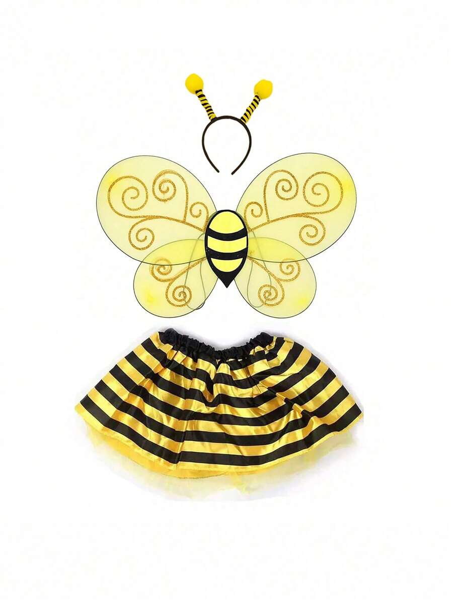1 Set Cute Halloween Bee Costume And Accessories (Including Headpiece And Wings) - Multicolor - View 1