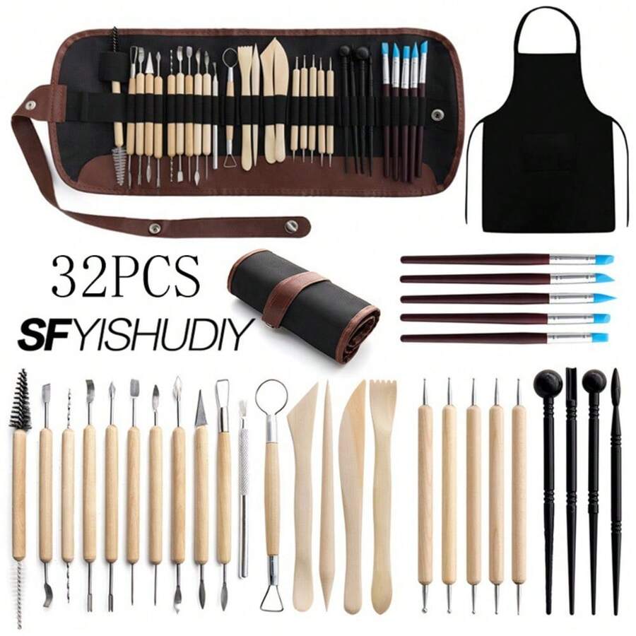 32pcs Pottery Clay Sculpting Tool Set, Includes Carving Tools, Brushes, Apron For Ceramic Art - 32-piece Clay Tool Set - View 1