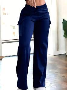 VIVINA Women's Solid Color Cargo Pocket Casual Straight Leg Pants, Navy Blue Versatile Long Pants, Autumn Long Pants - Navy Blue - View 4