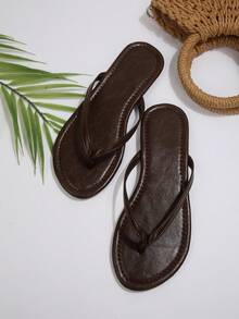 Women's Flip Flops, Casual Street Style Summer Beach Slippers, Solid Color Flat Non-Slip Thong Sandals - Brown - View 2
