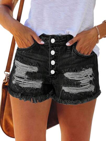 夏季女士休闲黑色牛仔短裤，裤边采用破洞和毛边设计，并带有口袋。适合春季、音乐节、性感波西米亚风格，是海滩度假和各种场合的理想之选。