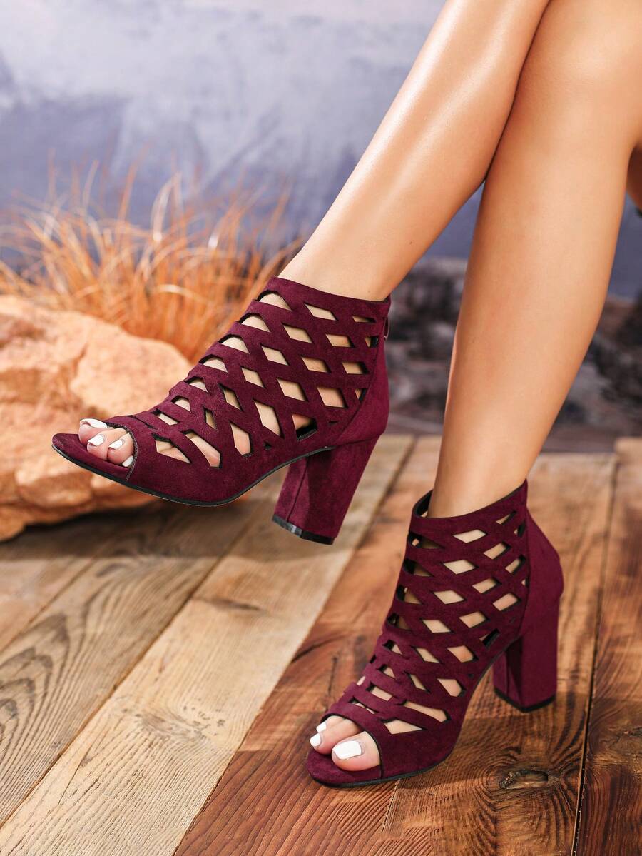 女士时尚百搭高跟镂空凉鞋靴，粗跟休闲度假派对假日圆头舒适透气露趾罗马鞋，酒红色
