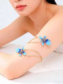 1件朋克风夸张合金金属多色珐琅花卉手链，时尚清新，夏季持久彩色珐琅花卉臂链，适合女性日常佩戴、各种节日、母亲节礼物、社交聚会、派对、海滩度假（花卉颜色为手工珐琅釉，可能存在一些色差，例如渗色、染色或褪色） - 淺藍色 - 查看 6