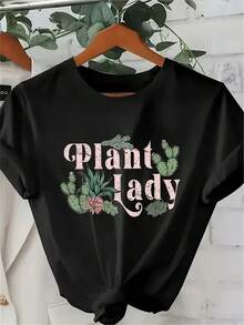 Women's Casual Black T-Shirt With 'Plant Lady' Cactus & Succulent Print, Short Sleeve Round Neck Regular Fit Top - 黑色 - 查看 1