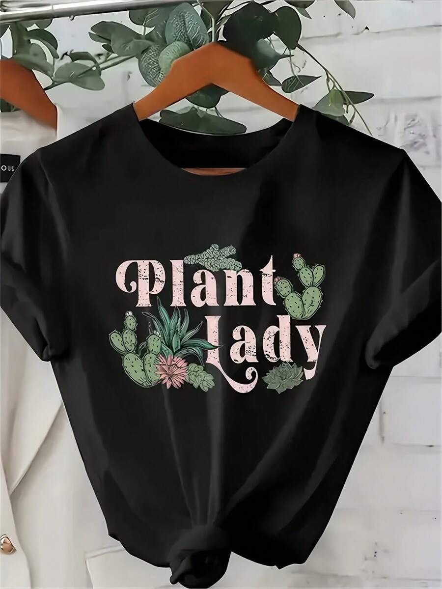 Women's Casual Black T-Shirt With 'Plant Lady' Cactus & Succulent Print, Short Sleeve Round Neck Regular Fit Top - 黑色 - 查看 1