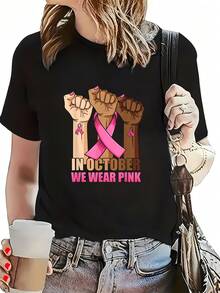 Women's In October We Wear Pink T-Shirt, Short Sleeve Round Neck Casual Breast Cancer Awareness Top - 黑色 - 查看 1