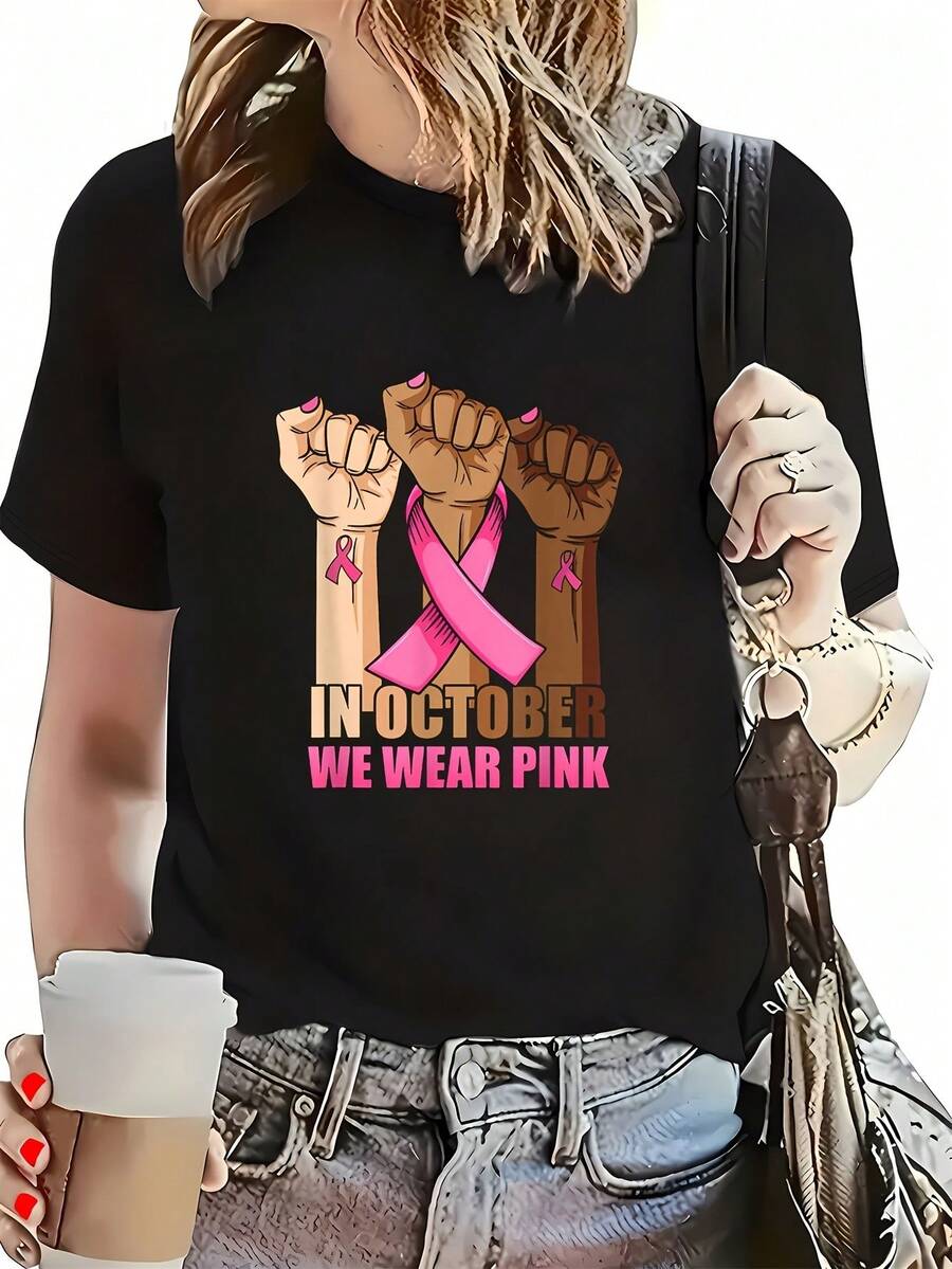 Women's In October We Wear Pink T-Shirt, Short Sleeve Round Neck Casual Breast Cancer Awareness Top - 黑色 - 查看 1