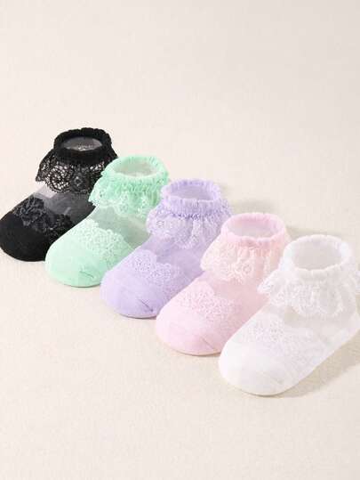 5 Pairs Baby Solid Color Lace Trim Sheer Socks