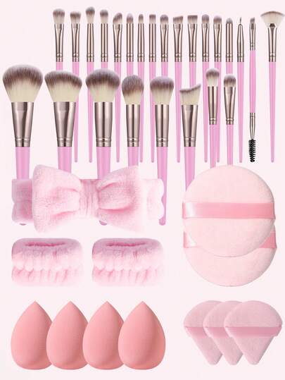37PCS Makeup Tools Set Including:25PCS Makeup Brush Set+4PCS Makeup Sponges+3PCS Triangle Powder Puffs+2PCS Hand Bowl Strap+2PCS Circular Powder Puffs+1pc Hairband