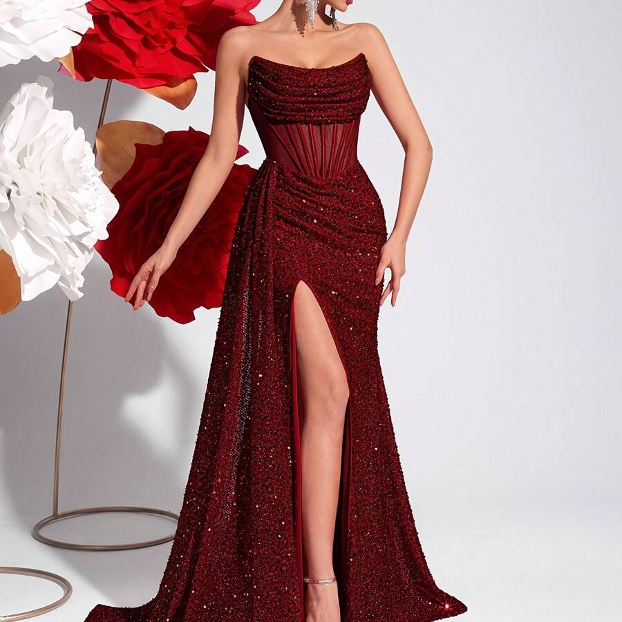 Sequined Bustier Hollow-Out High-Waisted Long Ribbon Slit Backless Tie-Up Prom Party Evening Dress - 酒紅色 - 查看 1