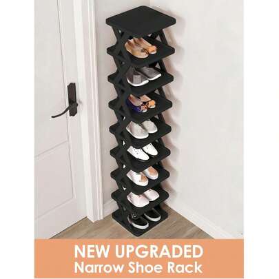 立式多层鞋架，节省空间的窄型鞋柜，小型鞋架，可自行组装的独立式鞋柜收纳架，适用于玄关、衣橱、走廊等场所，组装简便，结构稳固，黑白配色，塑料材质，可重复使用。