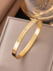 1 set Bracelet et bijoux en acier inoxydable mode polyvalent avec fleur et trèfle à quatre feuilles ornés de strass, convient pour un port quotidien, cadeau - Or jaune - Voir 8