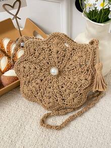 Handmade Crochet Flower Shaped Women Crossbody Pouch/Wallet, Summer - Khaki - View 6
