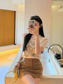 2026 New Slimming Raglan Short Sleeve Sweater, Year Of The Horse Spring - Apricot - View 2