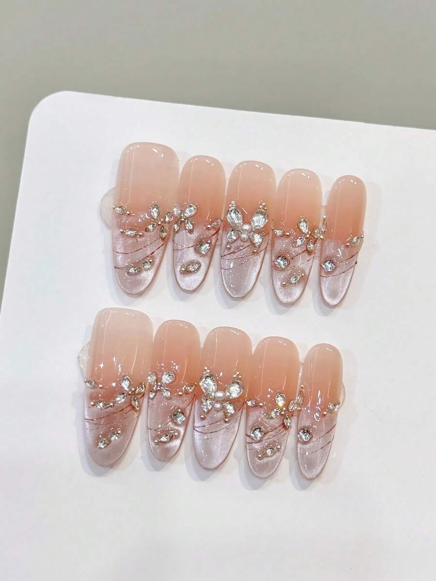 10片手工制作长椭圆美甲贴纸，适合派对和日常佩戴，“星光蝴蝶舞”3D锆石水钻蝴蝶猫眼奢华风格，长椭圆美甲贴纸，易于佩戴，10片Y2K风格手工美甲贴纸，适合女孩和女士参加节日派对、音乐节、日常佩戴、情人节、母亲节礼物，按压式美甲贴。