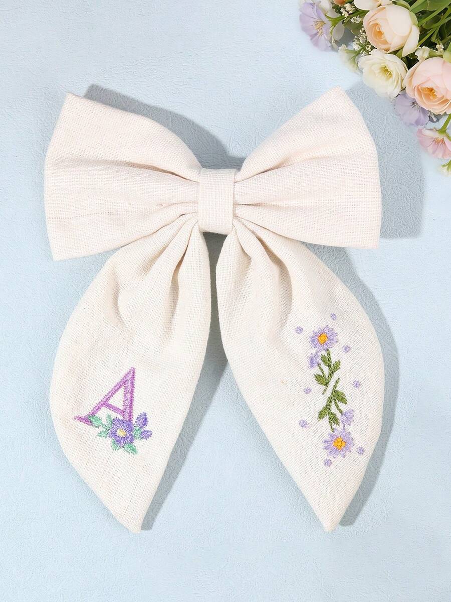 1件 26字母紫色花卉刺繡白色蝴蝶結髮夾,適合女孩髮飾,鱷魚夾,適用於學校與日常配戴 - 彩色 - 查看 1