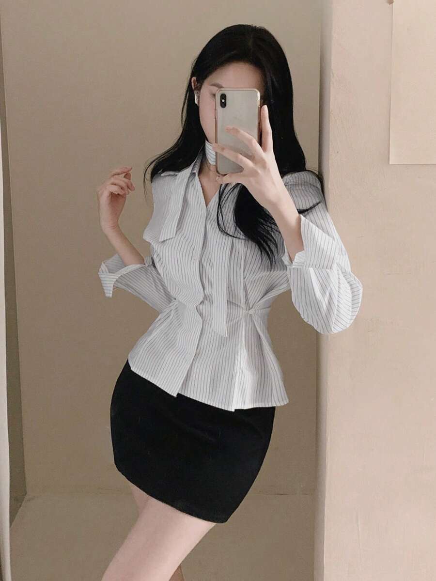 Korean Chic Niche V-Neck Ribbon Waist Versatile Striped Shirt Tops White - White - View 1