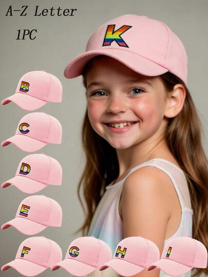 1pc Girls' Rainbow 26 Letter Baseball Cap, R Letter Design, Korean Fashion Hip Hop Sun Hat For Boys & Girls