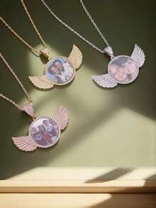 Personalized Rhinestone Studded Angel Wings Photo Necklace |   Custom Photo Necklace |   Hip Hop Photo Pendant | Iced Custom Round Photo Pendant,Gold,Silver,Stylish,Colorful,Vintage,Unisex,Hipster,Simple,Casual,Custom,Personalized,Unique,Ideal Gifts For Him,Ideal Gifts For Her,Her,Boyfriend,Girlfriend,Dad,Mom,Family,Friends,For Anniversaries,For Birthdays,For Graduation,For Prom,For Party,Jewelry Women,Elegant Outfit,Delicate Romance,Silver Stylish - 多色的 - 查看 5