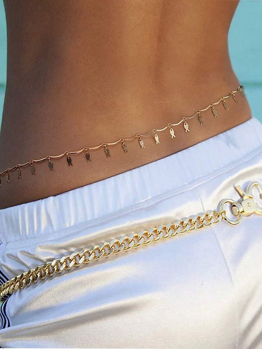 1 pieza Cadena para la cintura con hoja de pez sexy y flecos, cadena de metal geométrica artesanal para el Body para vacaciones en la playa - Cadena de cintura en forma de pez - Ver 1