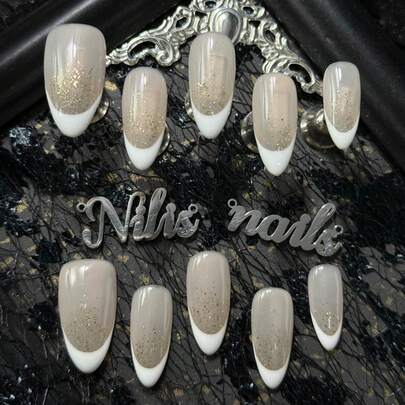 10片装杏仁美甲亚克力套装，白色美甲，手绘白色法式美甲，金色闪粉，简约通勤&温柔知性风格，Y2K风格美甲套装，适合女性和女孩，节日、日常、派对、聚会等场合使用（包含：一片果冻胶和一条摩擦条）美甲用品