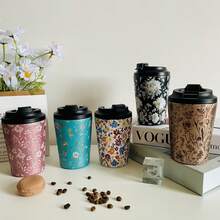 1pc 350ml/11.84oz Stainless Steel Vacuum Insulated Tumbler, Elegant Floral Pattern Coffee Cup, Car Water Bottle - Multicolor - View 7