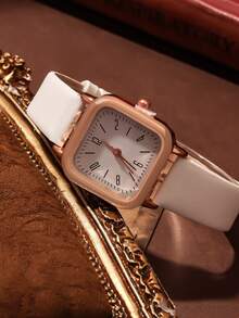 6 PIÈCES Ensemble d'accessoires de style de luxe doux pour femmes (comprenant une montre à quartz cadran carré doré rose avec bracelet  blanc, un bracelet en forme de cœur, un collier en forme de cœur, des boucles d'oreilles clous en forme de cœur, une bague en forme de cœur, un portefeuille  décoré d'un nœud noir). - Blanc - Voir 2