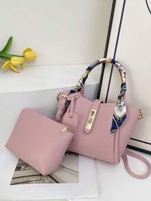 2pcs Spring New Fashion Litchi Grain PU 2-Piece Bag Set, Includes Handbag And Shoulder Bag, Minimalist Chic Commuter Style, Silk Scarf Bow Decor, Suitable For Women, Girls, Office Essential, Rivet Lace-Up Small Pendant Decor - Pink - View 12