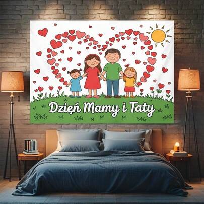 2D Flat, 2D Flat Banner, 1pc Mother's Day And Father's Day Party Banner Backdrop, Heart Decor Family Pattern Polish Parents' Day Theme Photography Background, Suitable For Home, Garden Party Decoration, Indoor And Outdoor Use, No Power Required, 2D Flat