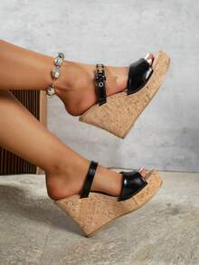 Giày sandal đế xuồng cao gót dành cho nữ - màu đen - Xem 5