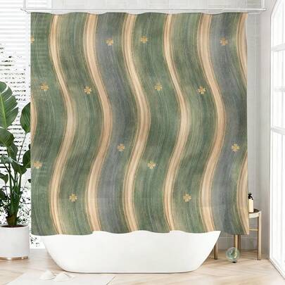 1pc Minimalist Striped Shower Curtain, Made Of Polyester, Waterproof, Non-Shading, Suitable For Home And Bathroom Decor, Comes With 12 Hooks