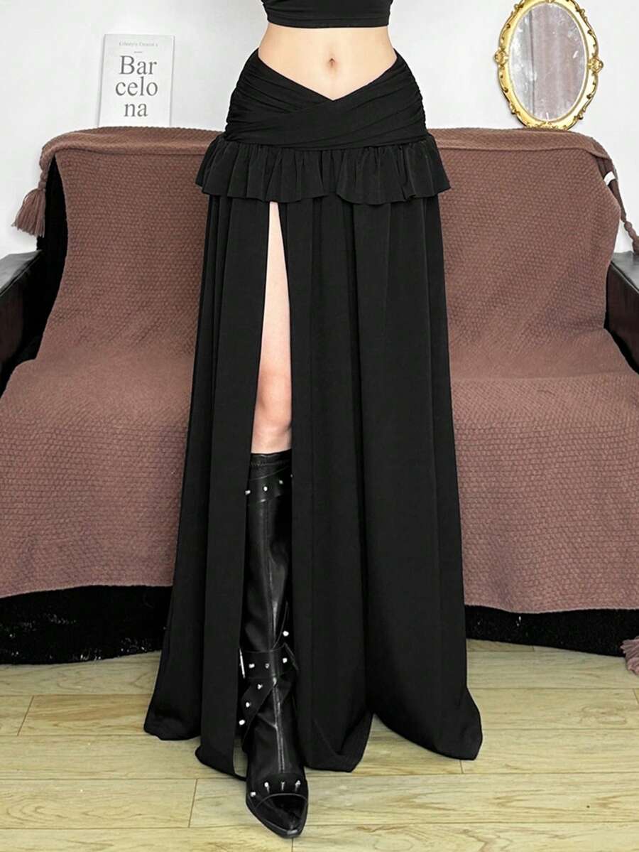 Chân váy dài màu đen gợi cảm bằng polyester Top Dazzle dành cho nữ, có chi tiết bèo nhún, hoàn hảo cho các bữa tiệc. - màu đen - Xem 1