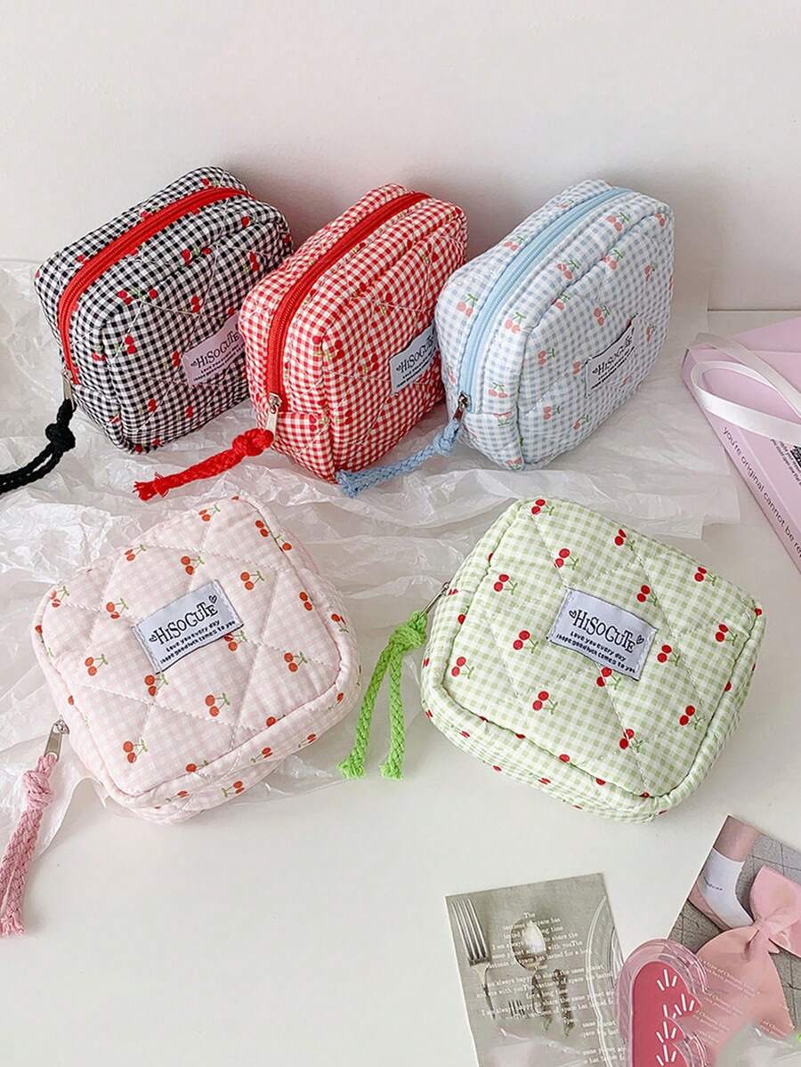 1个格子樱花印花绗缝迷你化妆包，可作卫生巾收纳袋、便携式化妆包，可装口红、护肤品、零钱、钥匙等，也可作洗漱包、旅行必备品、派对礼物、母亲节礼物、生日礼物、返校礼物。 - 彩色 - 查看 1