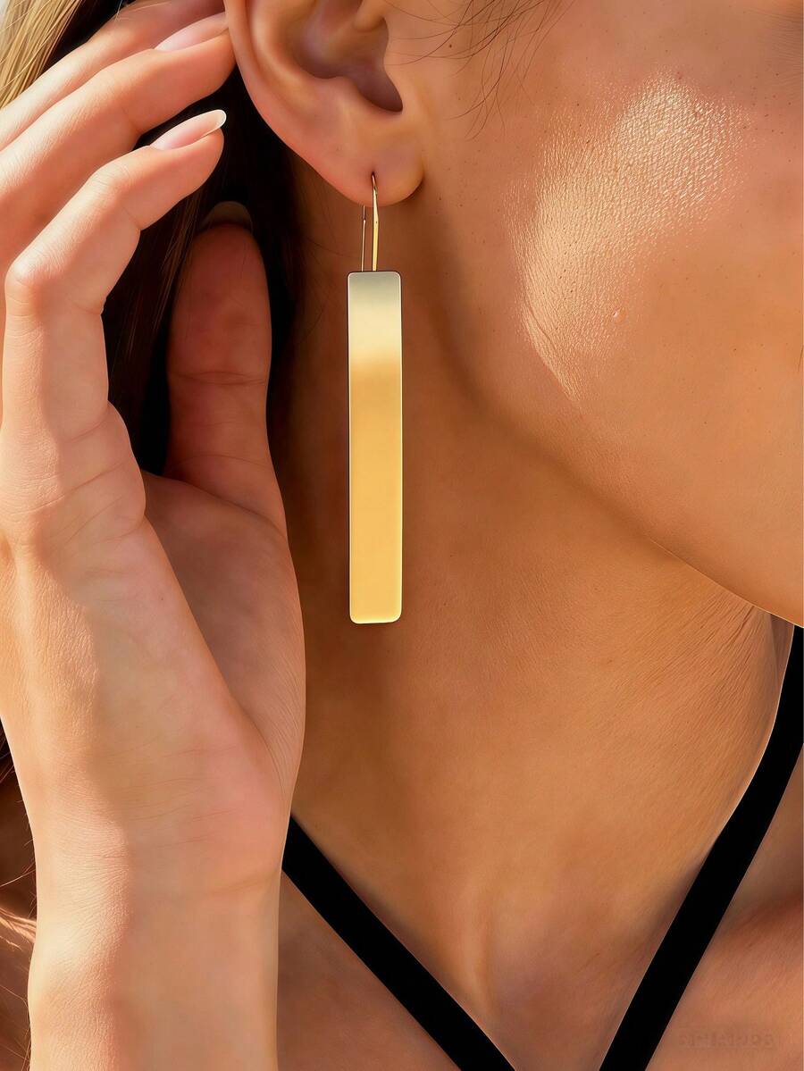 1对女士时尚几何亮片条形耳环，简约百搭耳环，适合日常休闲佩戴 - 金黃色 - 查看 1