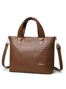 复古PU编织纹理手提包，大容量单肩包，百搭女士款 - 咖啡 - 查看 6