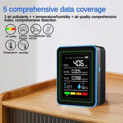 Monitor de calidad del aire portátil 5 en 1 - Detector de CO2, HCHO, recargable por USB, batería de 1200mAh, de larga duración, adecuado para el hogar, oficina, escuela, hotel, automóvil, regalo de Navidad (la temperatura/humedad puede tener una ligera desviación)