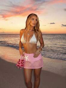 2026 New Arrival Women's Summer Cute Heart Hollow Sexy Sheer Starfish Design Cropped Cover-Up & Mini Skirt Set - Pink - View 4