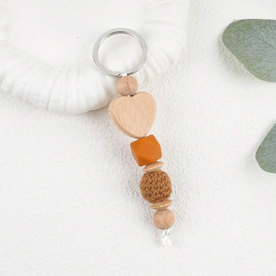 1pc Women's Artistic Beechwood Yarn Bead Heart-Shaped Handmade Small Accessory Keychain Bag Charm - Multicolor - View 1