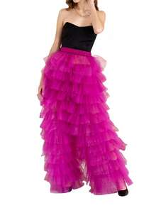 Women Cute Tulle Pants, Solid Color Patchwork Multi-Layer Ruffle Yarn High Waist Female Trousers - Red Violet - View 1