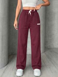 Casual Versatile Letter Graphic Drawstring Waist Straight Leg Sweatpants - Burgundy - View 2