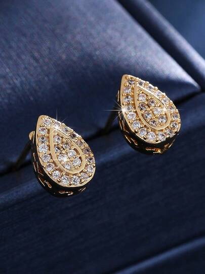 1 Pair Delicate Hollow Water Drop Cubic Zirconia Stud Earrings, Gentle Elegant Style, Niche Design, Suitable For Daily Wear