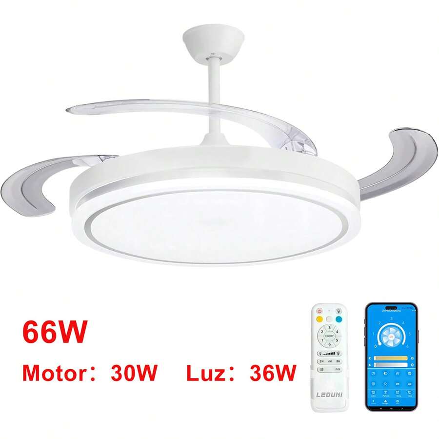 Retractable Fan With 30W DC Motor, 36W Light, Silent DC130 Motor, 6 Speeds, White, Remote Control, 3 Color Temperatures OstarkDom-LEDUNI - 66W-white - View 1
