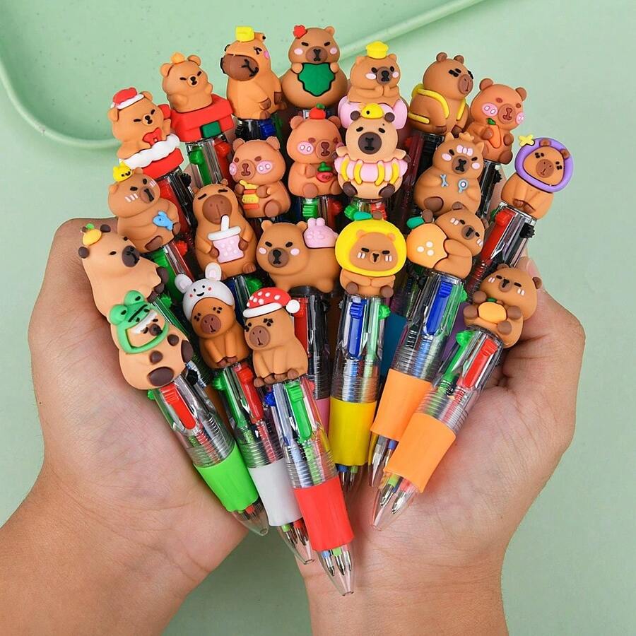 24pcs Capybara 4-Color Ballpoint Pen Set, Party Favors, Multi-Color Pen Collection, Cartoon Style Cute 4-In-1 Retractable Ballpoint Pens, Capybara Shaped Ballpoint Pens, Ideal For Holiday Parties, Birthday Gifts - 彩色 - 查看 1