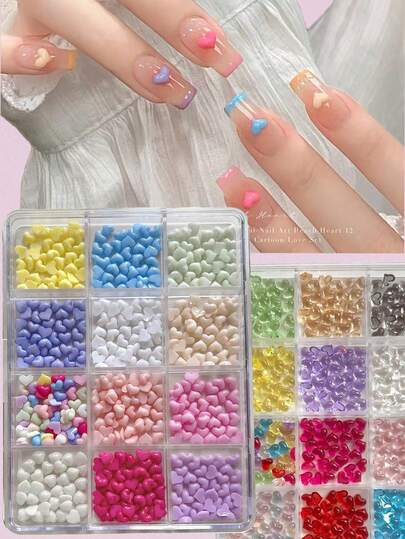 12格盒装多巴胺爱心美甲装饰品，彩色树脂爱心树水钻美甲饰品DIY配件，透明迷你爱心美甲用品