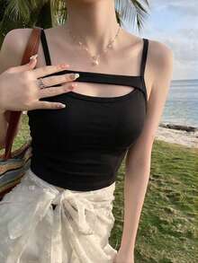 Summer New Women Hollow Chest Camisole, Built-In Padded Bra One-Piece, Sexy Sports Top, Underwear As Outerwear - Black - View 3