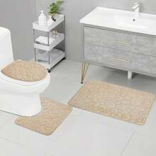 3 unids/set Color sólido baño Simple absorbente de agua y alfombrilla antideslizante patrón de piedra, cómodo y suave, juego de tres piezas - Azul marino - Ver 4